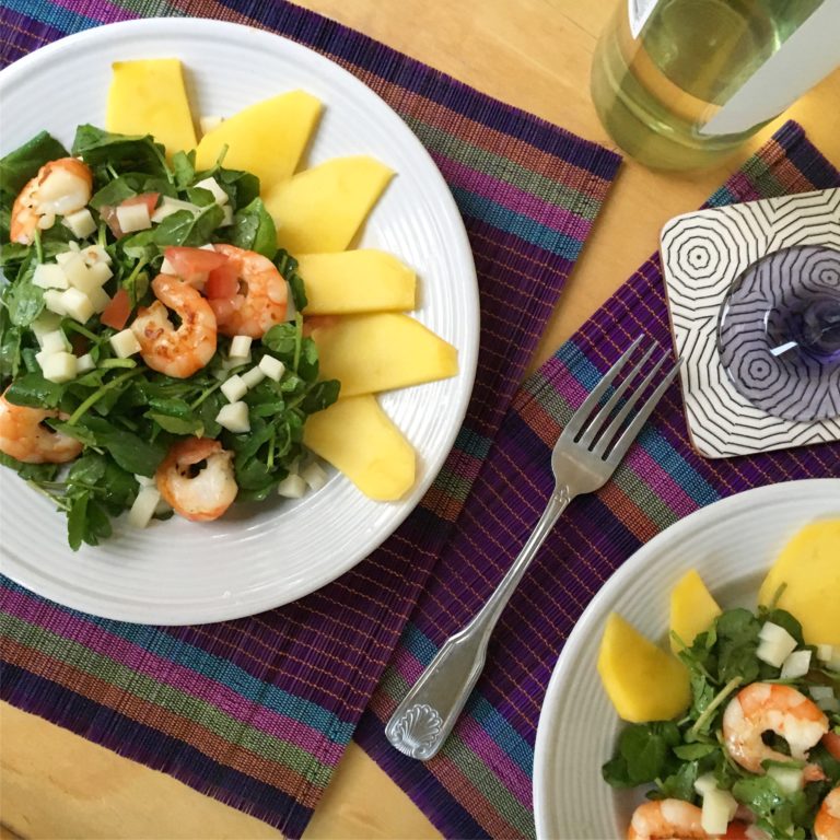 SAUTEED SHRIMP WATERCRESS SALAD WITH MANGO, HEARTS OF PALM, AND A