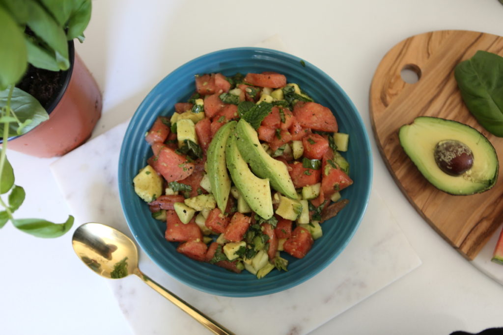 Watermelon, Cucumber, and Avocado salad, with Basil & Mint